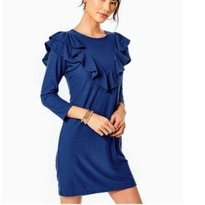 NWT Lilly Pulitzer Womens XL Ruffle Dress Blue Swiss Dot Boho Western Rodeo Chic